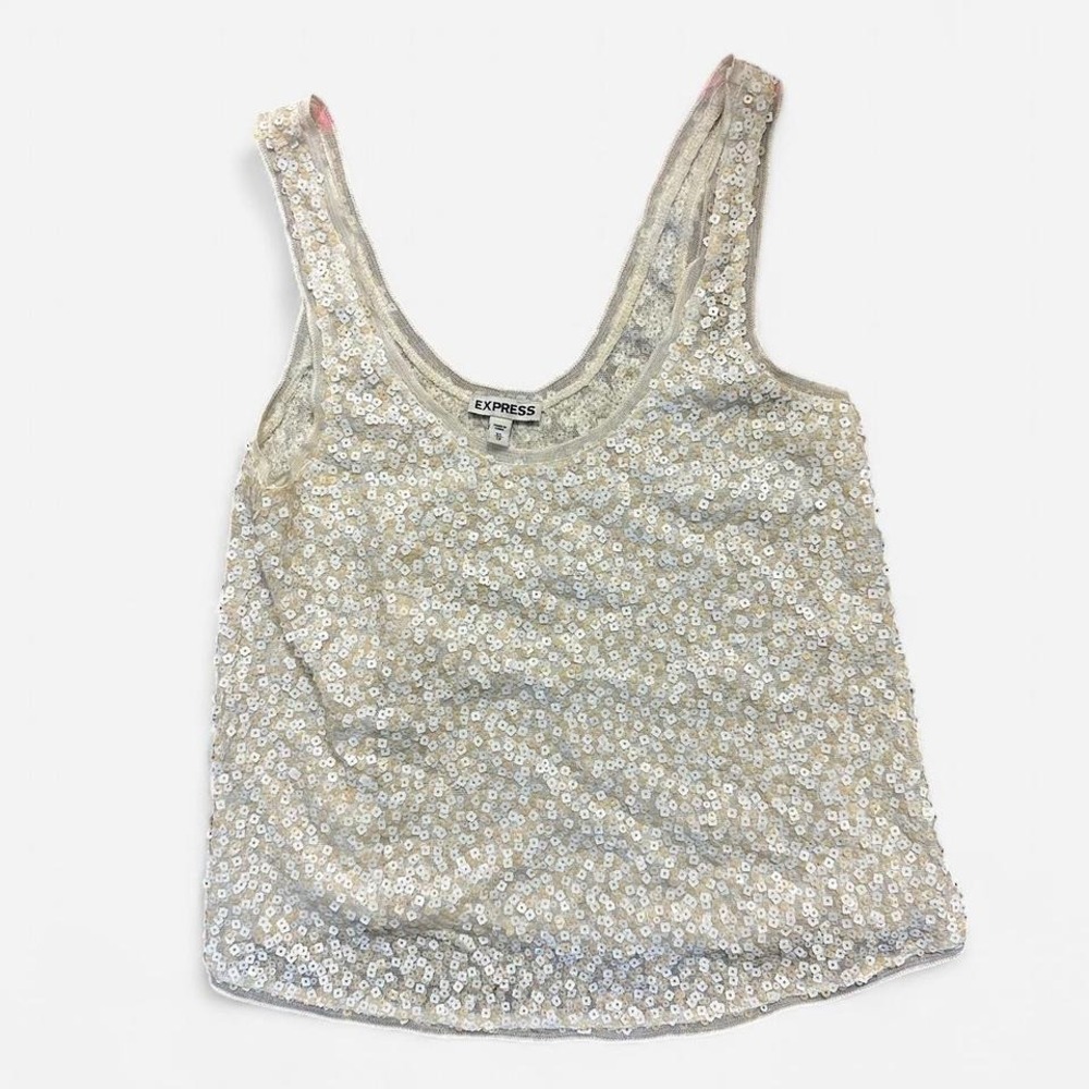 Ivory Sequin Mesh Tank Top –‎ Express XS